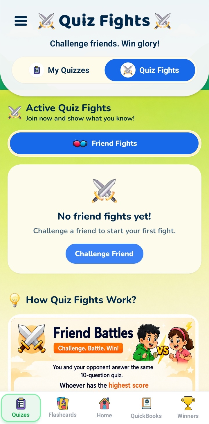 Quiz Fights, where friends answer the same ten-question quiz.