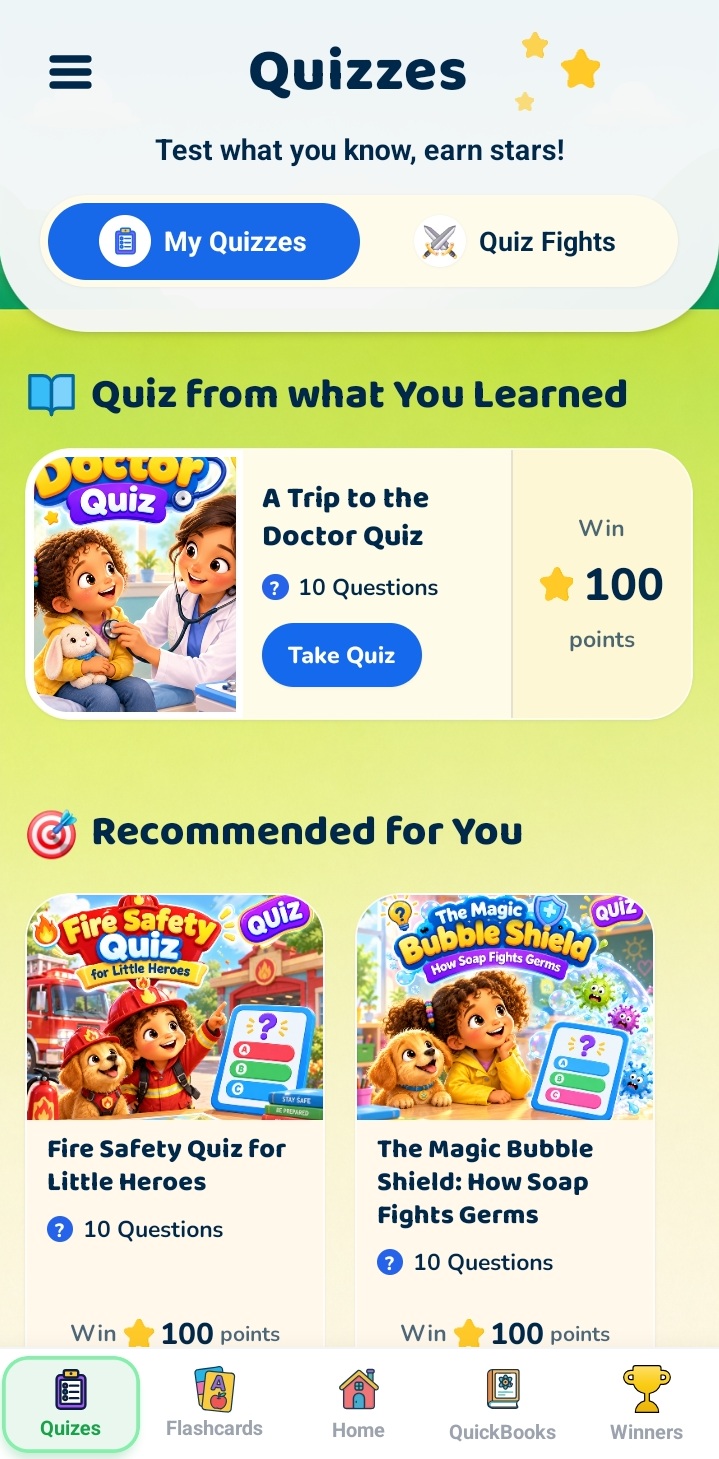 Quizzes with ten questions and points to win.